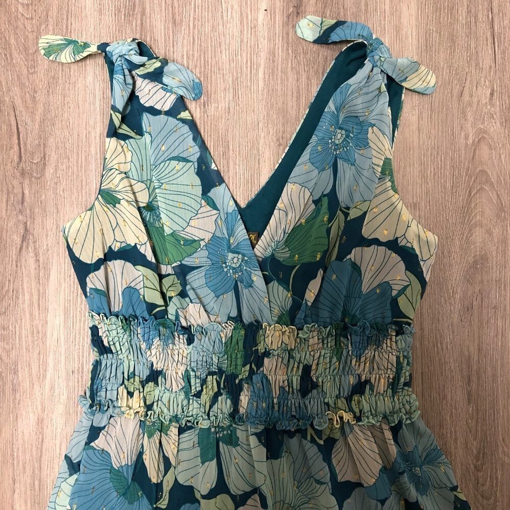 Nwt Taylor Midi Dress Women’s Size 6 Tiered Ruffle Blue Green Floral Metallic — image 5 of 8
